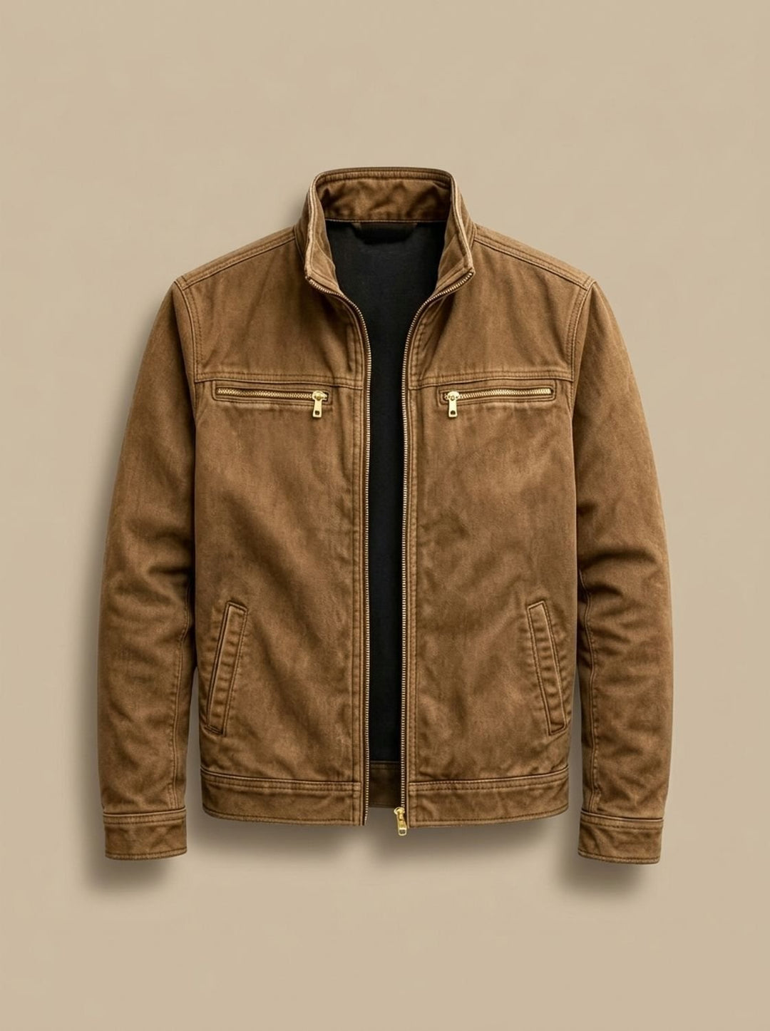 Men's Cotton Stand-Collar Full-Zip Moto Jacket - Brown
