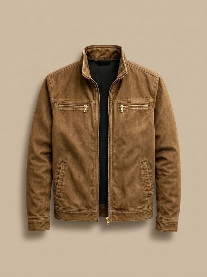 Men's Cotton Stand-Collar Full-Zip Moto Jacket - Brown