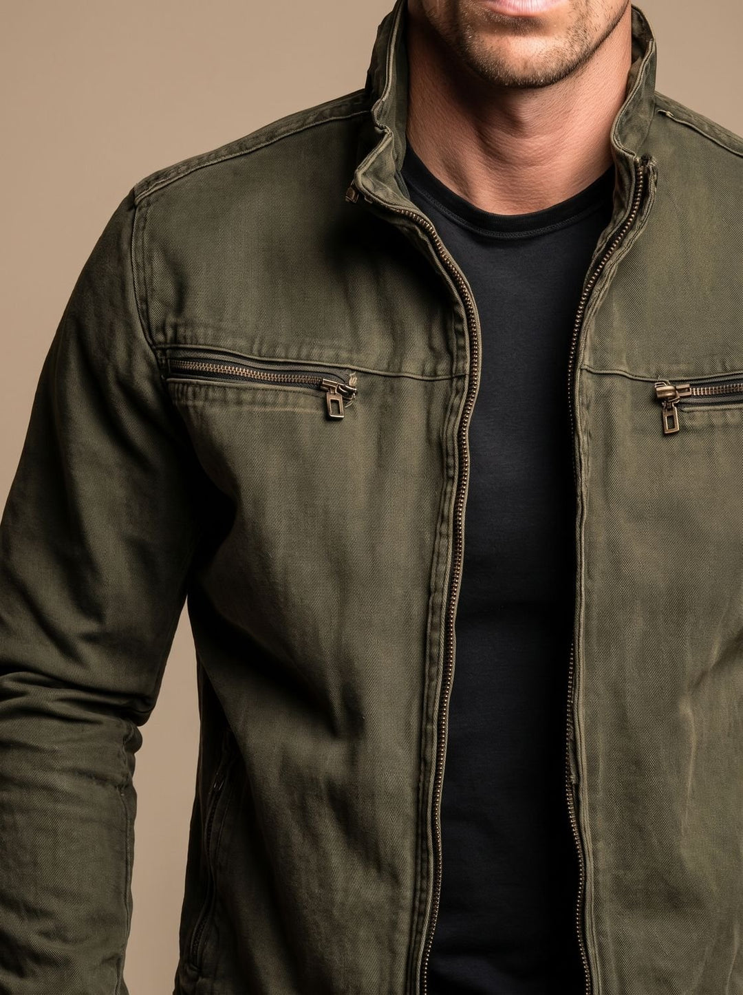 Men's Cotton Stand-Collar Full-Zip Moto Jacket
