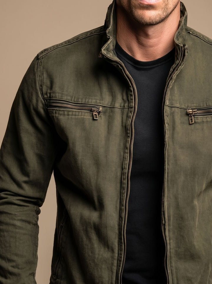 Men's Cotton Stand-Collar Full-Zip Moto Jacket