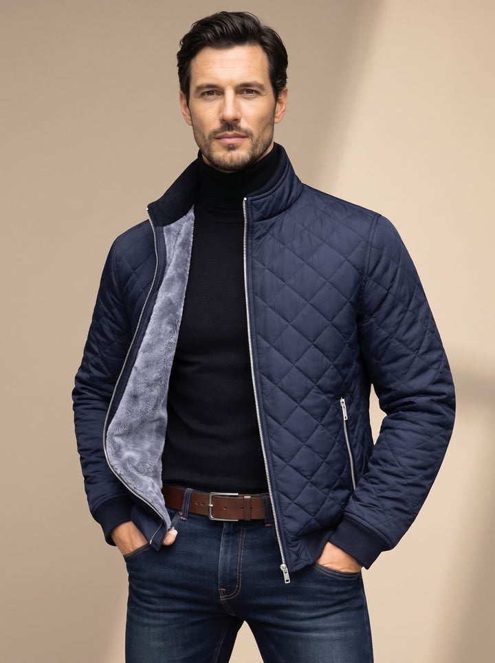 Men's Diamond-Quilted Fleece-Lined Full-Zip Winter Jacket - Navy Blue