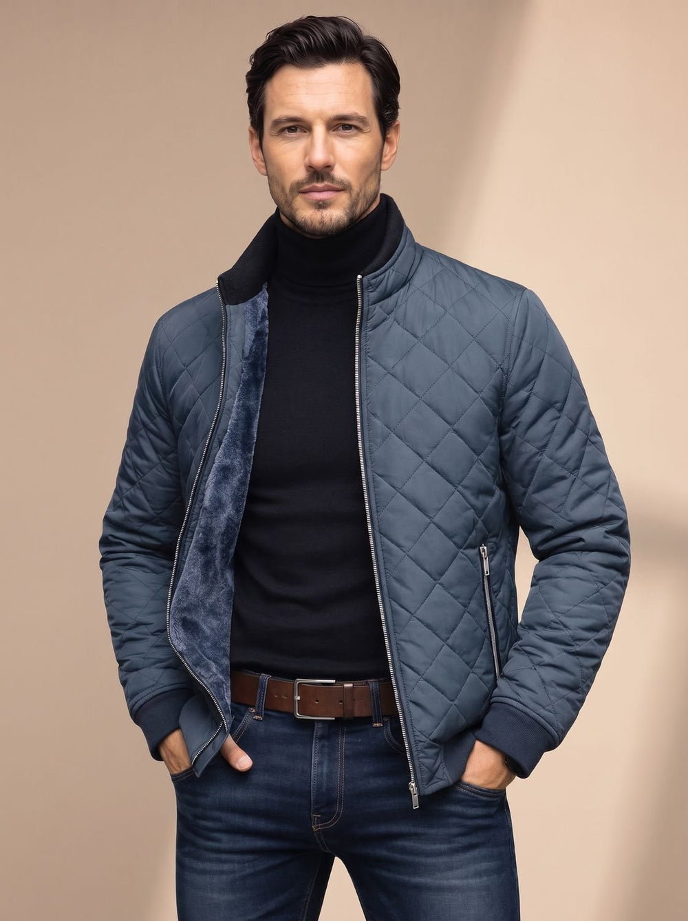 Men's Diamond-Quilted Fleece-Lined Full-Zip Winter Jacket - Gray