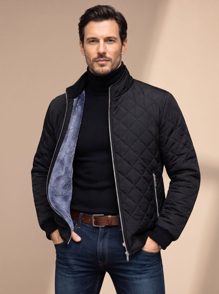Men's Diamond-Quilted Fleece-Lined Full-Zip Winter Jacket - Black