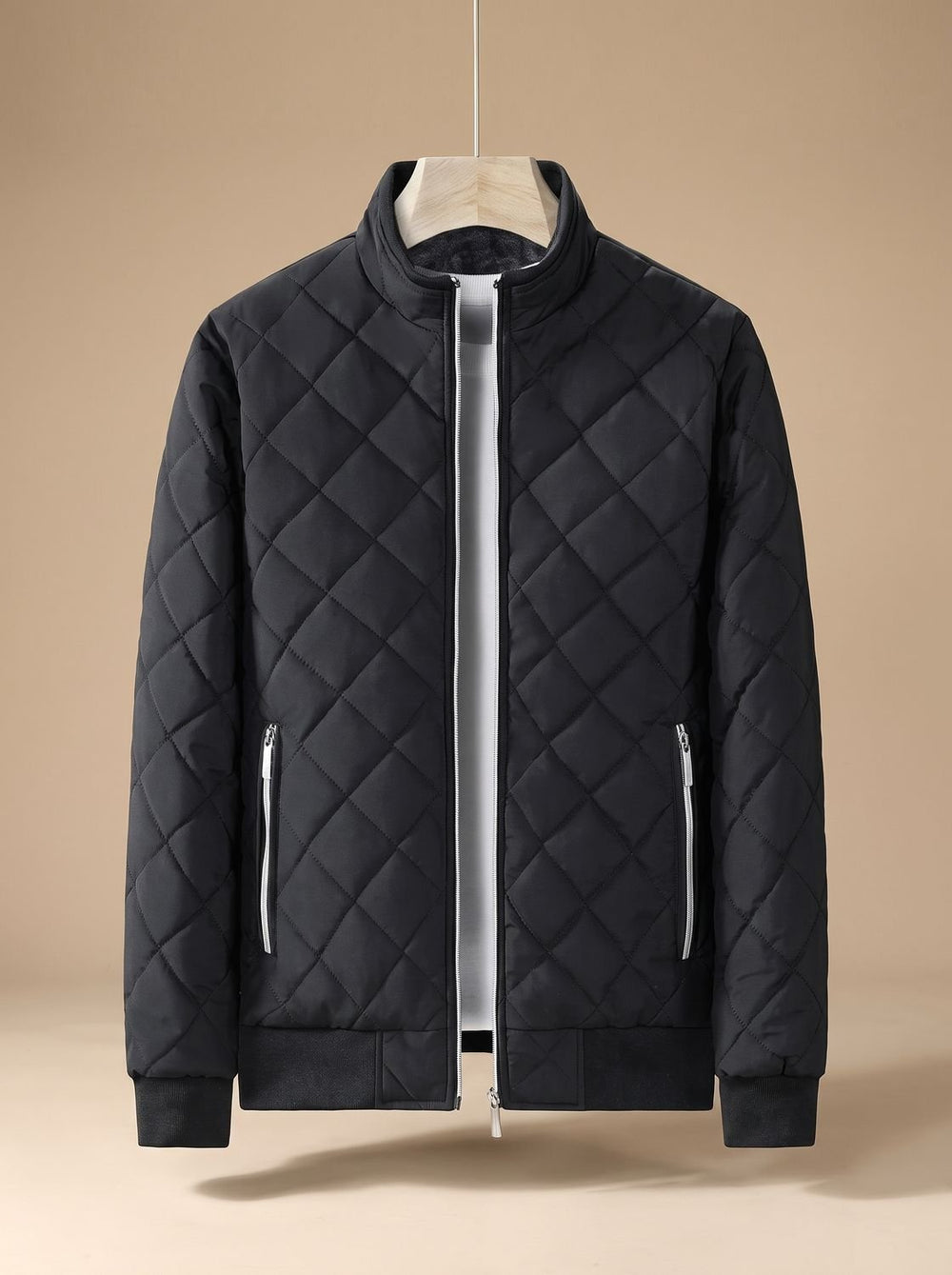 Men's Diamond-Quilted Zip-Up Insulated Bomber Jacket - Black