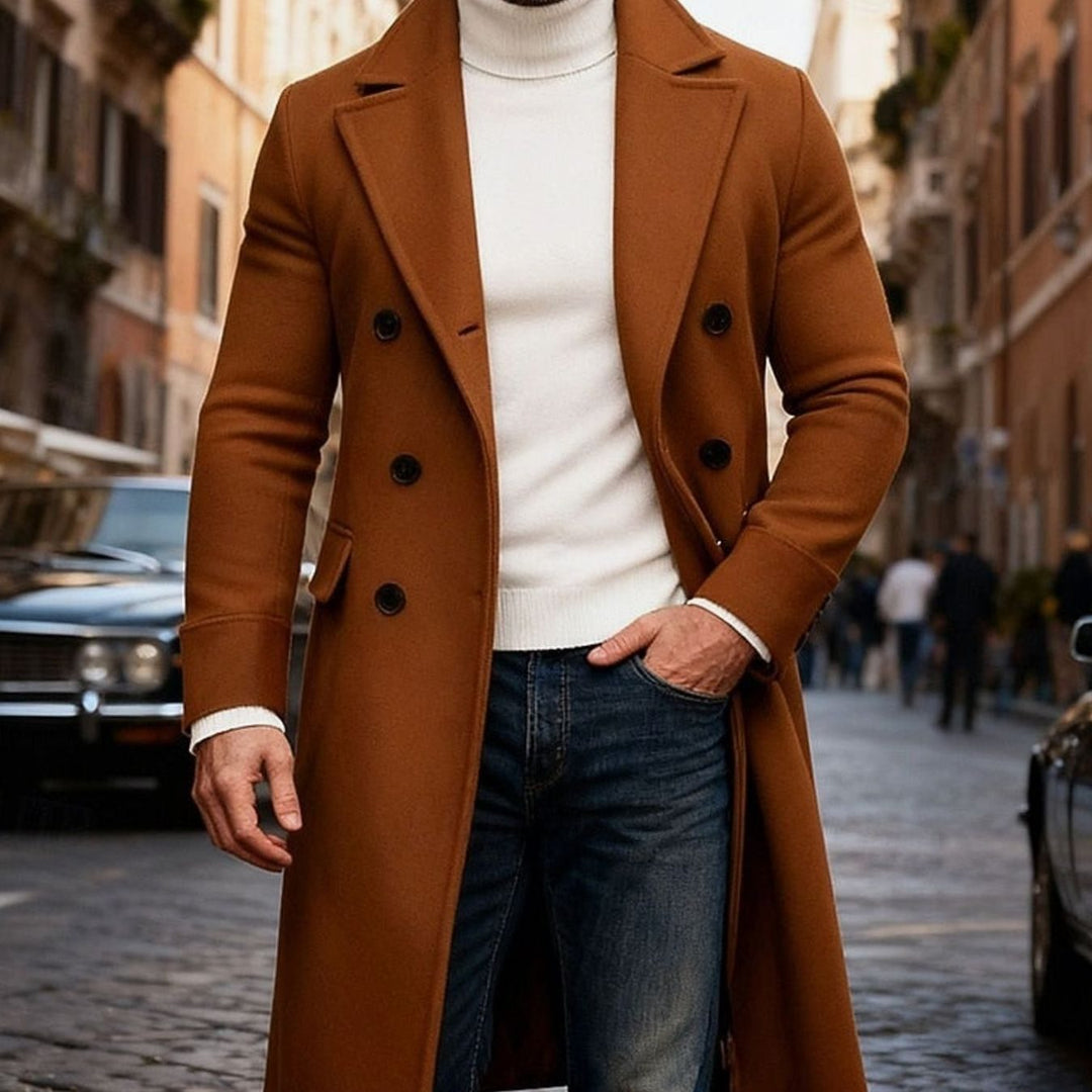 Men's Double-Breasted Long Wool Coat Tailored Overcoat - Brown