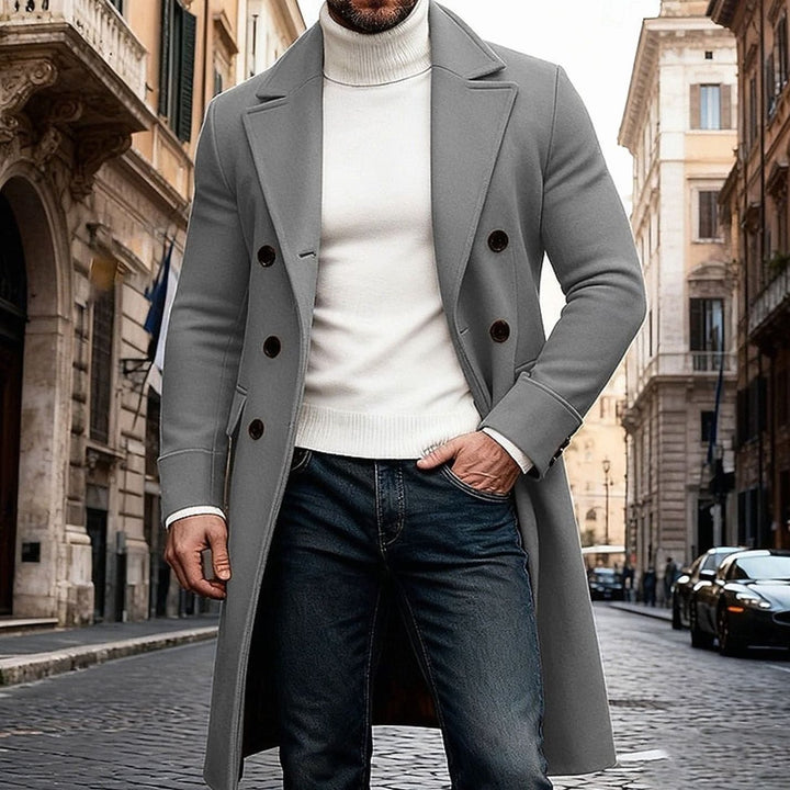 Men's Double-Breasted Long Wool Coat Tailored Overcoat - Gray