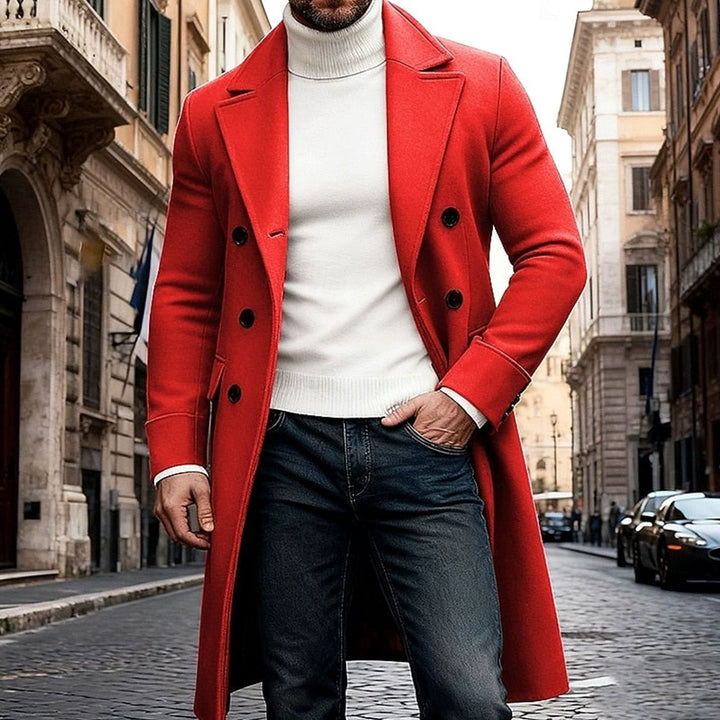Men's Double-Breasted Long Wool Coat Tailored Overcoat - Red