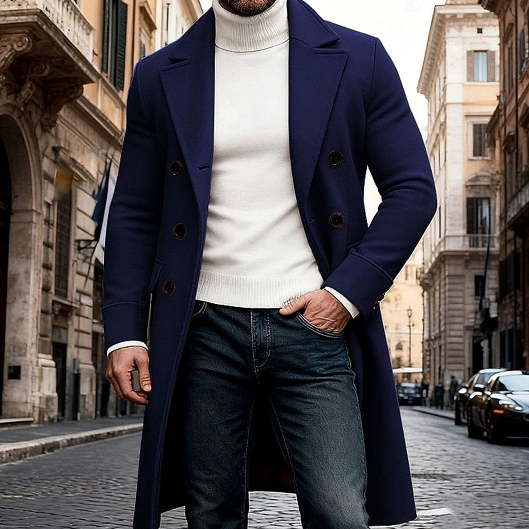 Men's Double-Breasted Long Wool Coat Tailored Overcoat - Navy Blue