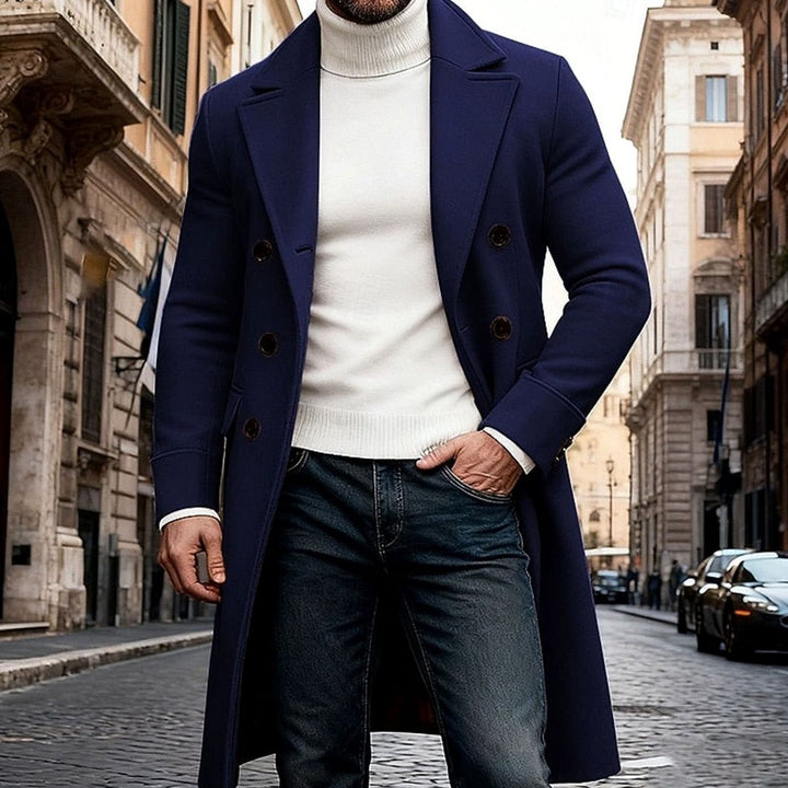 Men's Double-Breasted Long Wool Coat Tailored Overcoat - Navy Blue