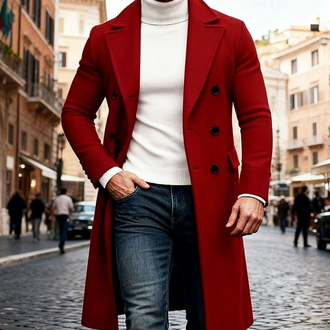 Men's Double-Breasted Long Wool Coat Tailored Overcoat - Wine Red