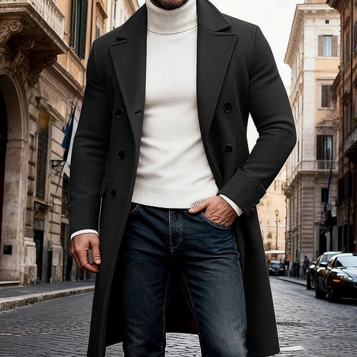 Men's Double-Breasted Long Wool Coat Tailored Overcoat - Black