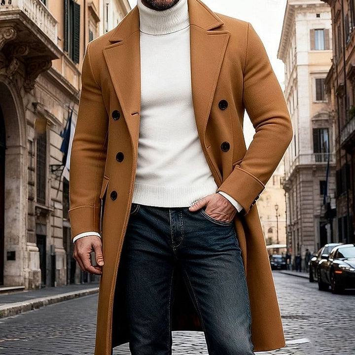 Men's Double-Breasted Long Wool Coat Tailored Overcoat - Khaki