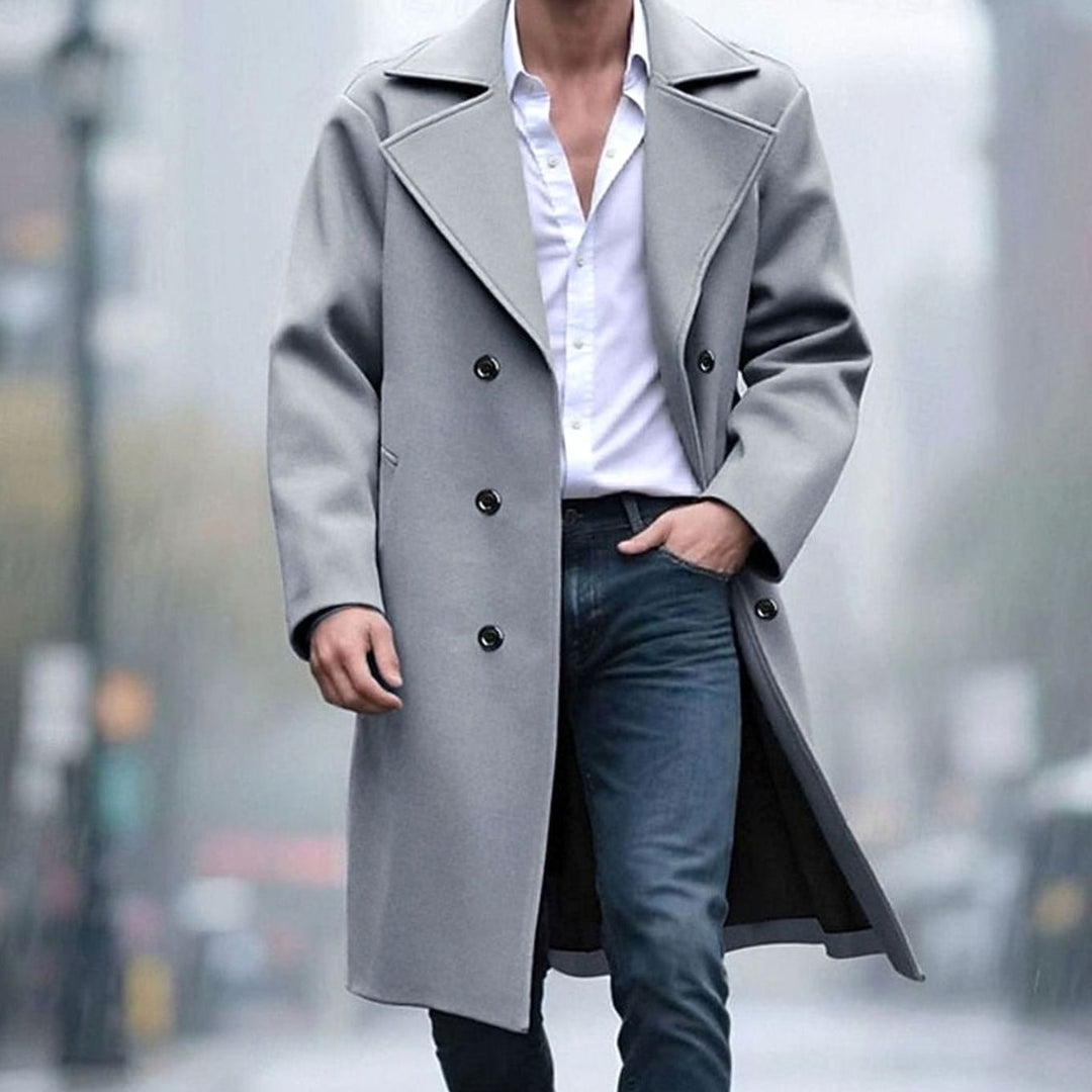 Men's Double-Breasted Tailored Long Wool Coat - Light Grey