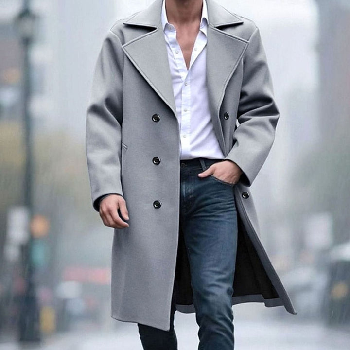 Men's Double-Breasted Tailored Long Wool Coat - Light Grey