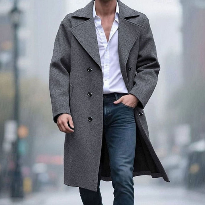 Men's Double-Breasted Tailored Long Wool Coat - Dark Grey