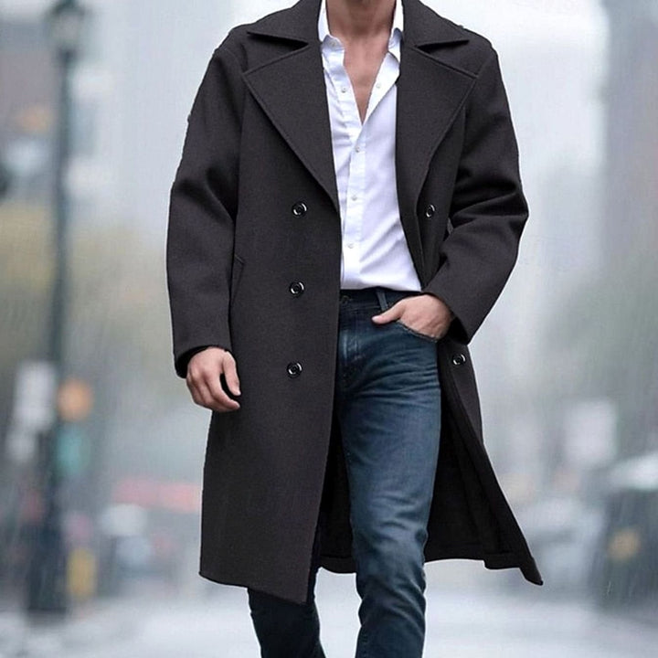 Men's Double-Breasted Tailored Long Wool Coat - Black