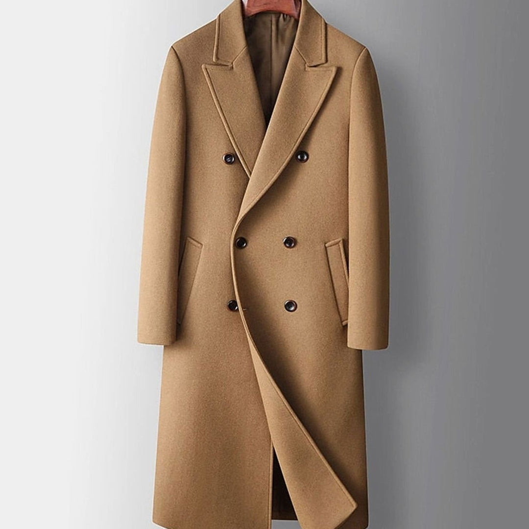 Men's Double-Breasted Wool Overcoat Long Peak-Lapel Top Coat - Khaki