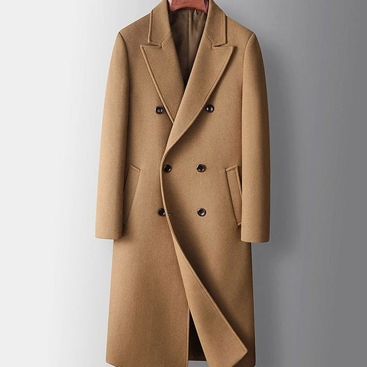 Men's Double-Breasted Wool Overcoat Long Peak-Lapel Top Coat - Khaki