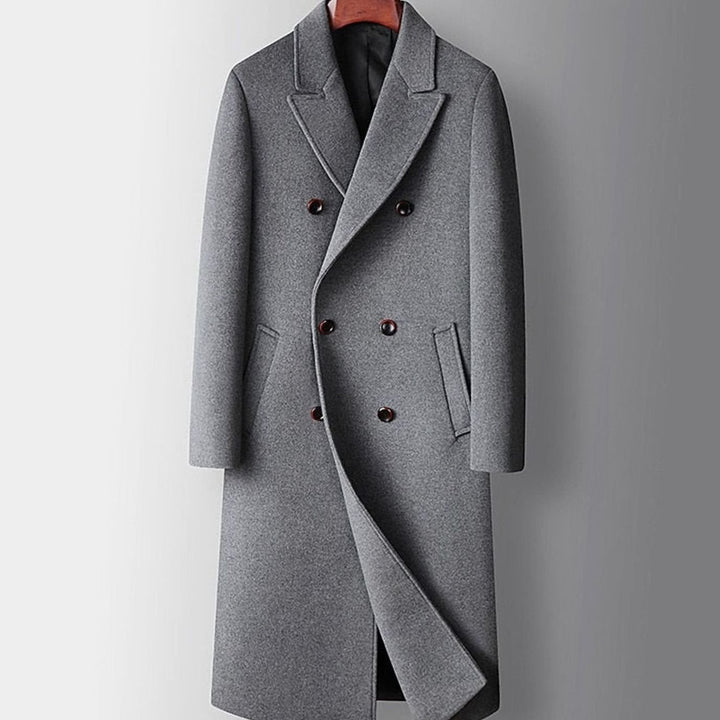 Men's Double-Breasted Wool Overcoat Long Peak-Lapel Top Coat - Gray