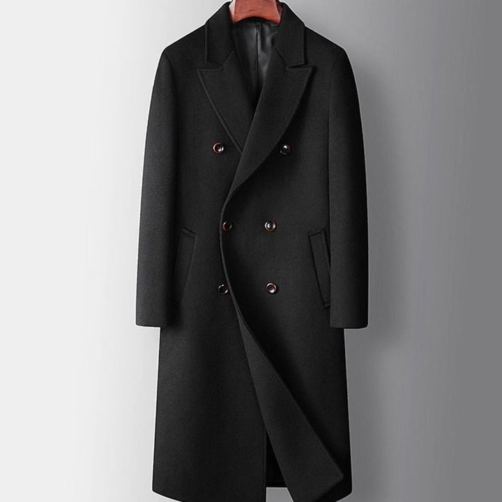 Men's Double-Breasted Wool Overcoat Long Peak-Lapel Top Coat - Black