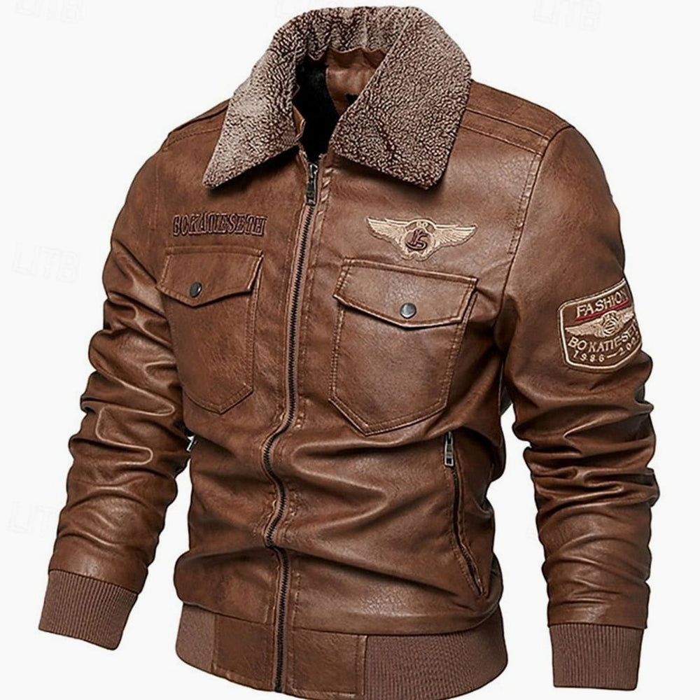 Men's Faux Leather Aviator Bomber Jacket Sherpa Collar