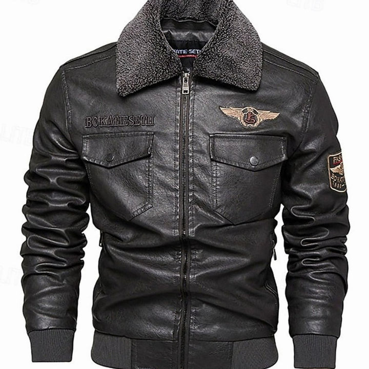 Men's Faux Leather Aviator Bomber Jacket Sherpa Collar - Gray