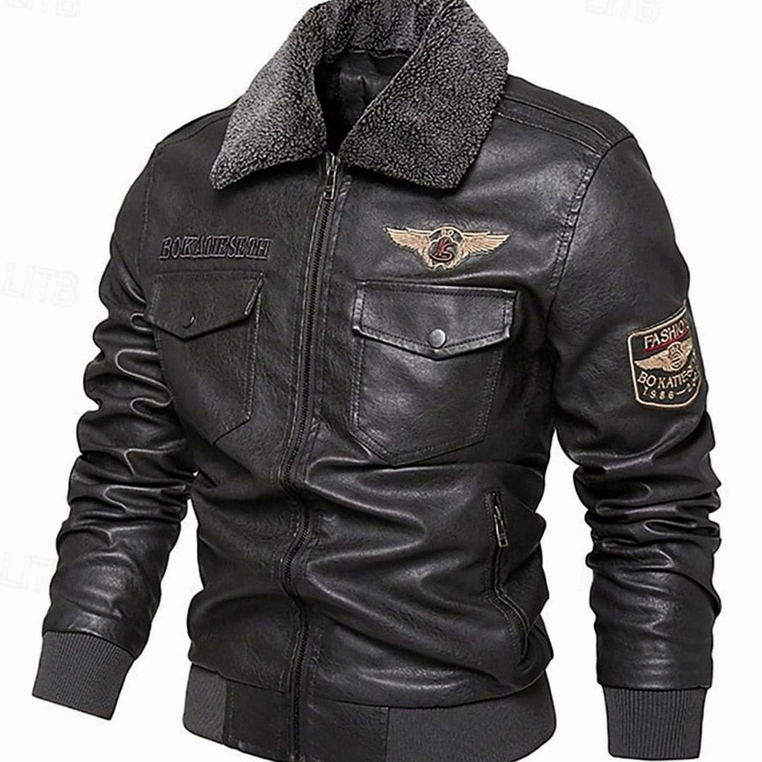 Men's Faux Leather Aviator Bomber Jacket Sherpa Collar