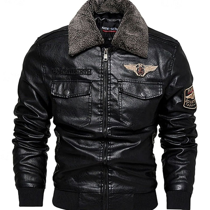 Men's Faux Leather Aviator Bomber Jacket Sherpa Collar - Black