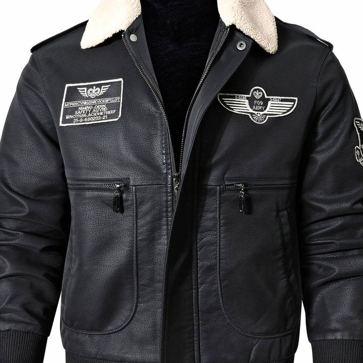 Men's Faux Leather Aviator Bomber Jacket Sherpa Collar, Black - Black