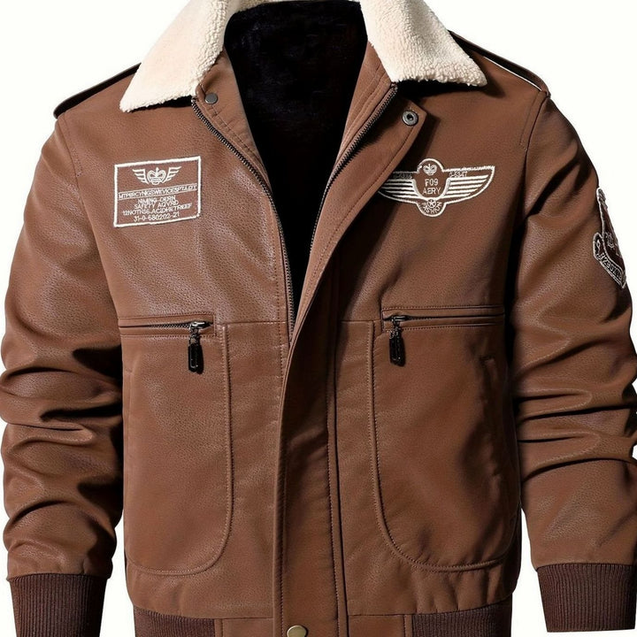 Men's Faux Leather Aviator Bomber Jacket Sherpa Collar, Black - Coffee Brown