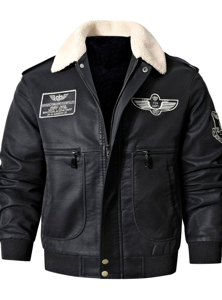 Men's Faux Leather Aviator Bomber Jacket Sherpa Collar, Black