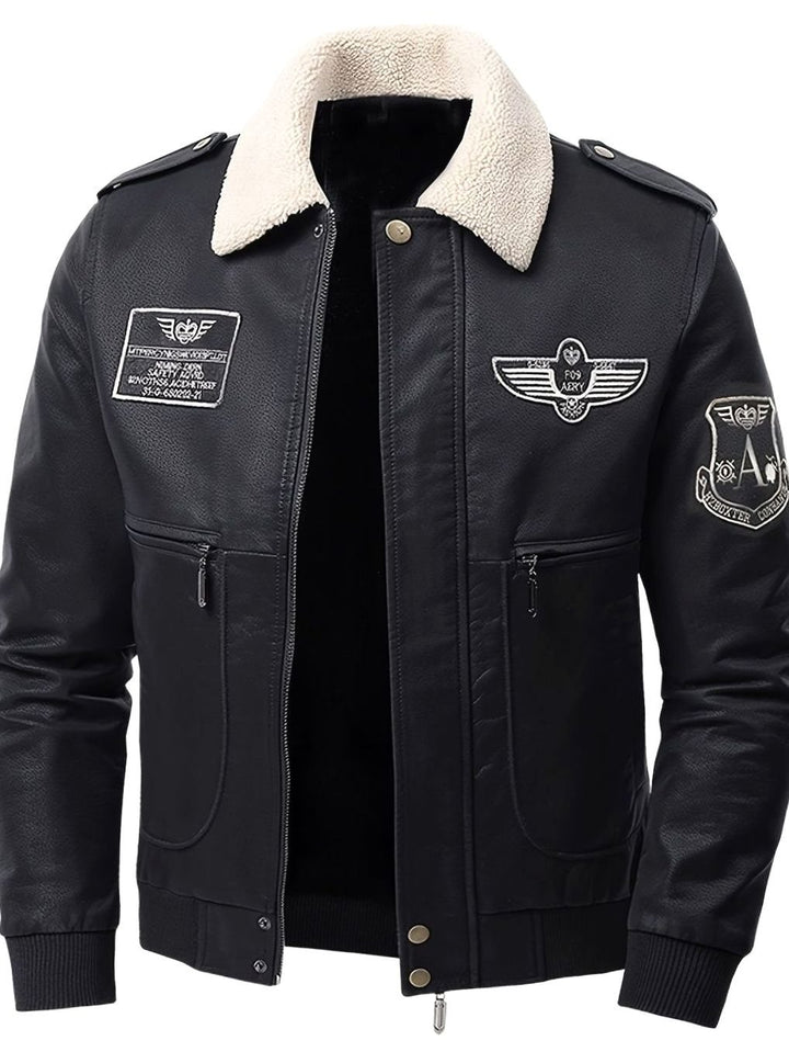 Men's Faux Leather Aviator Bomber Jacket Sherpa Collar, Black