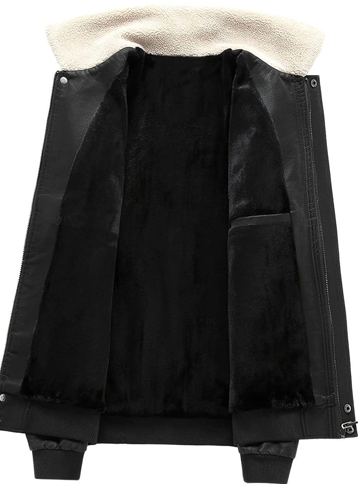 Men's Faux Leather Aviator Bomber Jacket Sherpa Collar, Black
