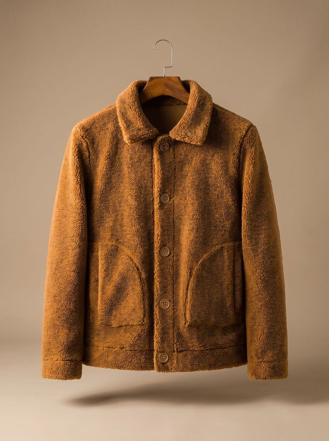Men's Faux Shearling Button-Front Teddy Jacket - Camel