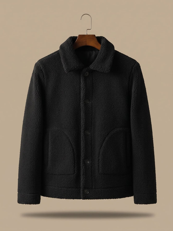 Men's Faux Shearling Button-Front Teddy Jacket - Black