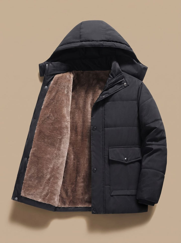 Men's Fleece-Lined Hooded Quilted Puffer Jacket Snap Button - Black