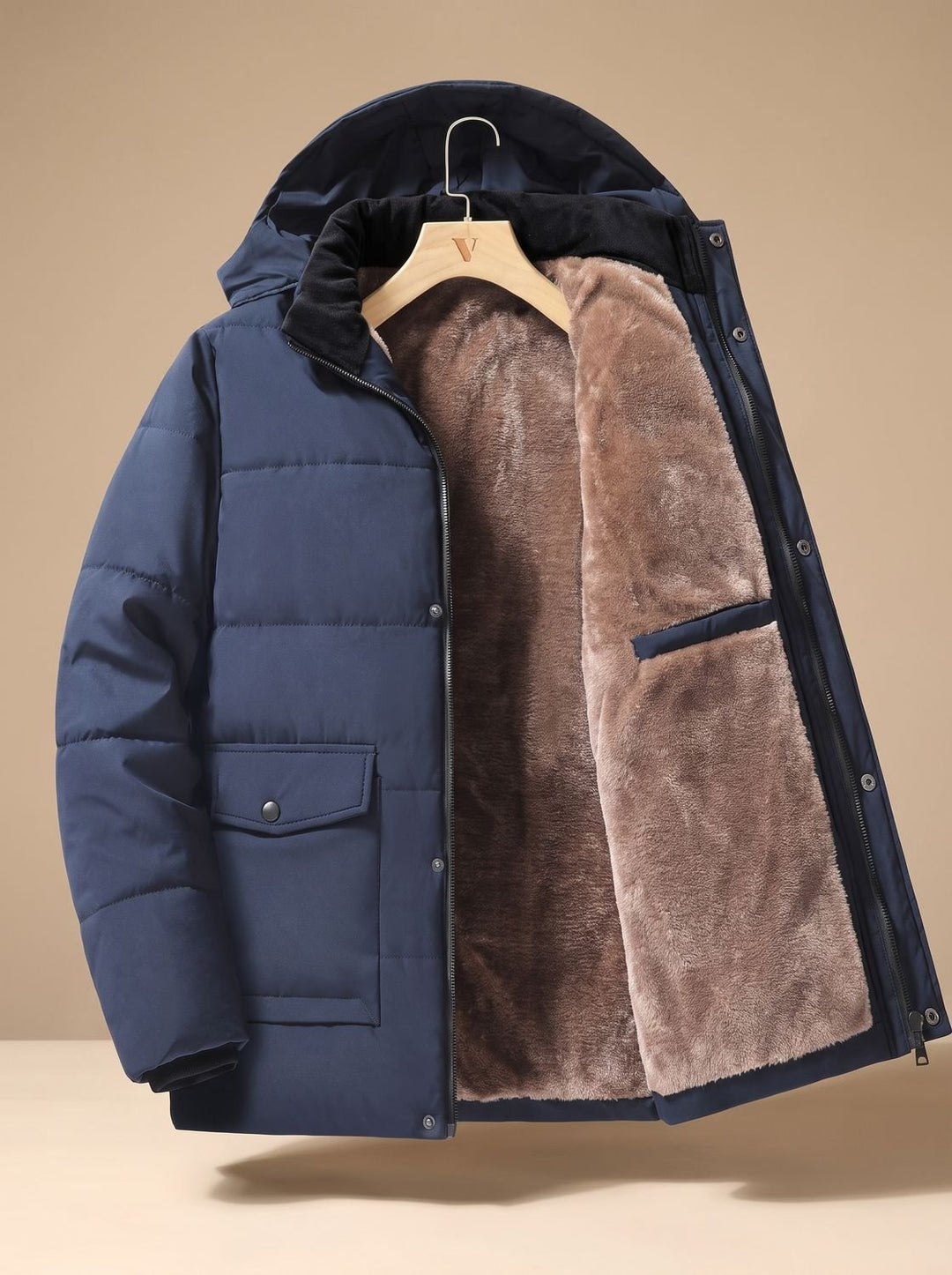Men's Fleece-Lined Hooded Quilted Puffer Jacket Snap Button - Blue