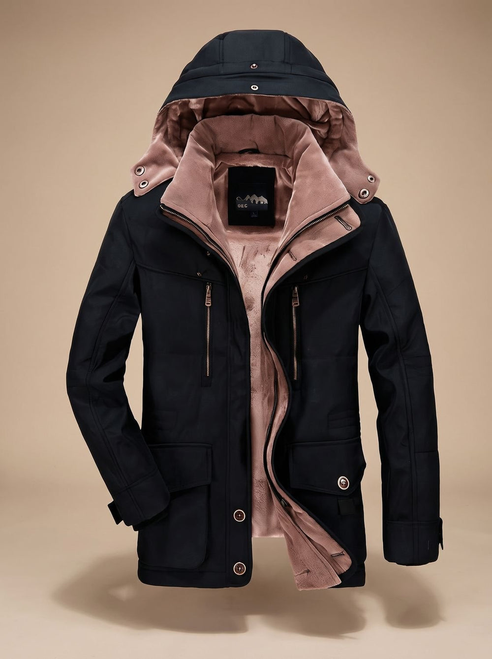 Men's Fleece-Lined Hooded Winter Parka Jacket Deep Pockets - Black