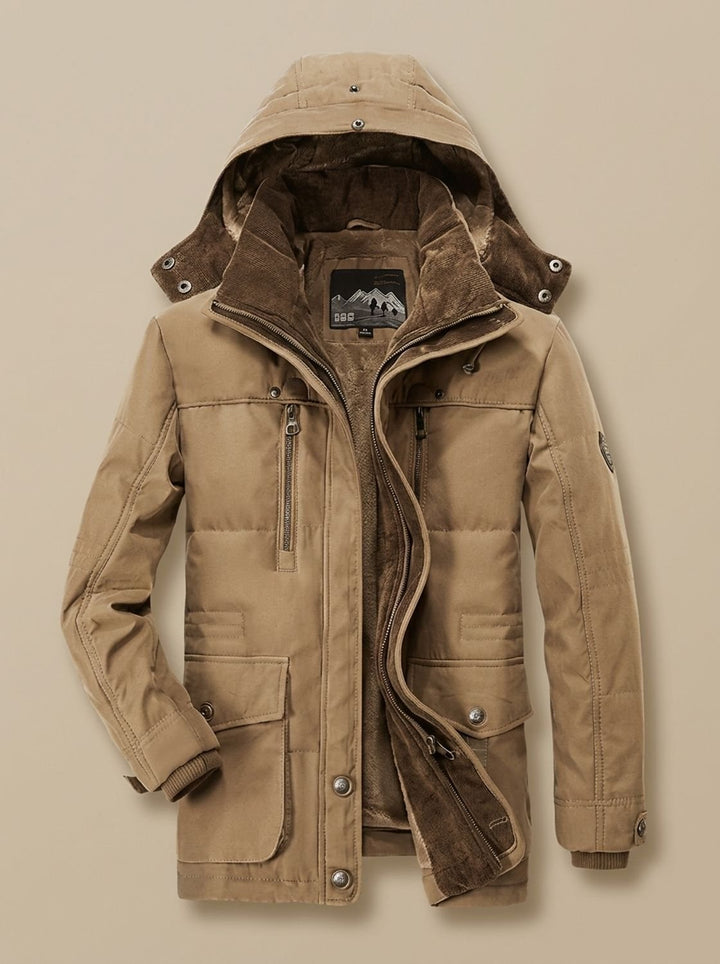Men's Fleece-Lined Hooded Winter Parka Jacket Deep Pockets - Khaki