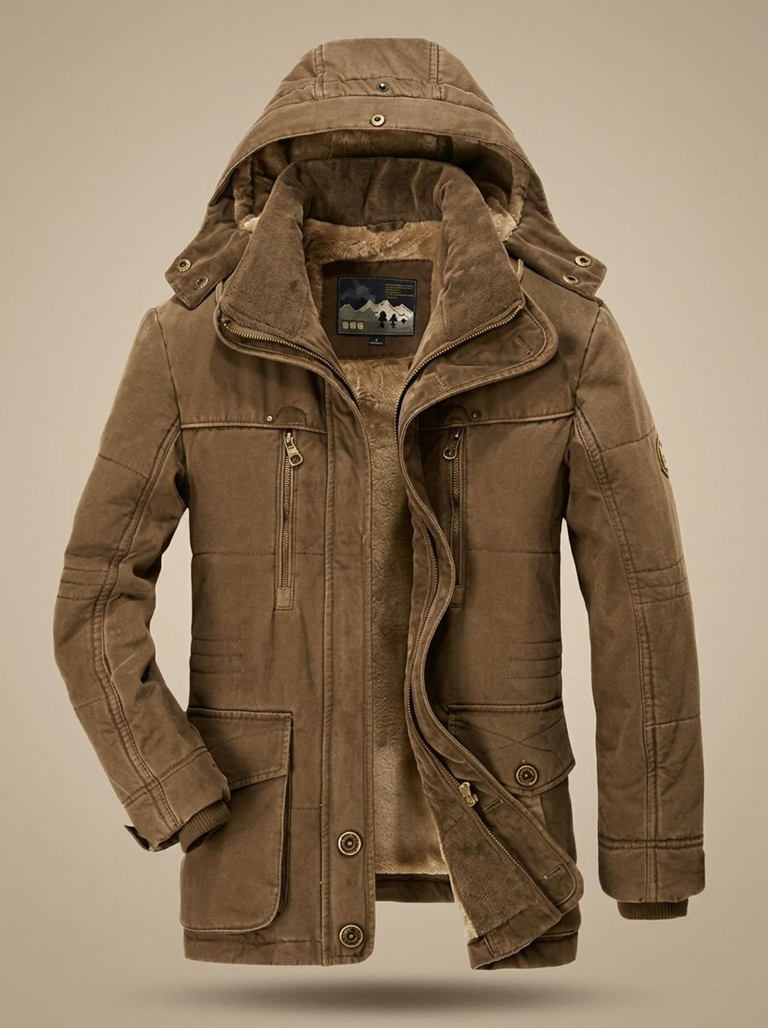 Men's Fleece-Lined Hooded Winter Parka Jacket Deep Pockets - Coffee