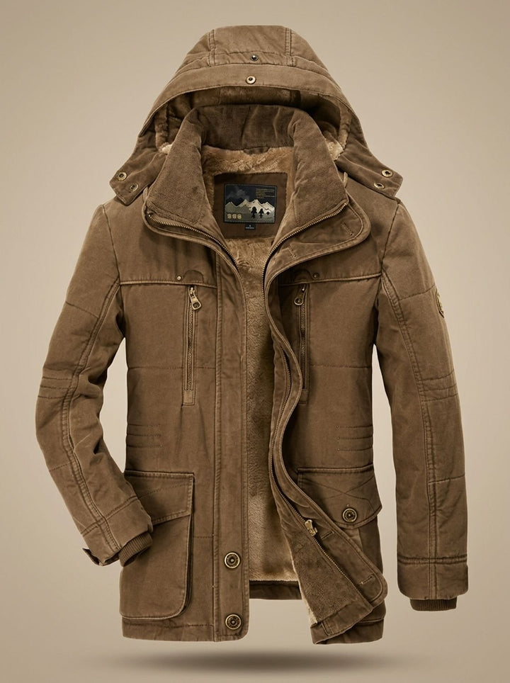 Men's Fleece-Lined Hooded Winter Parka Jacket Deep Pockets - Coffee