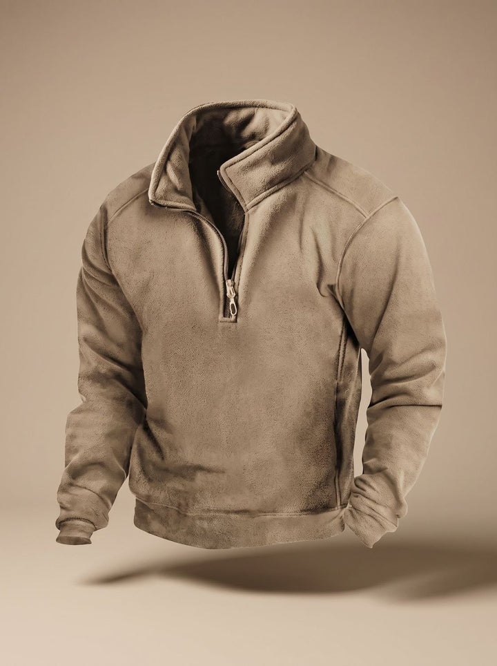 Men's Fleece Quarter-Zip Stand-Collar Pullover Sweater - Khaki