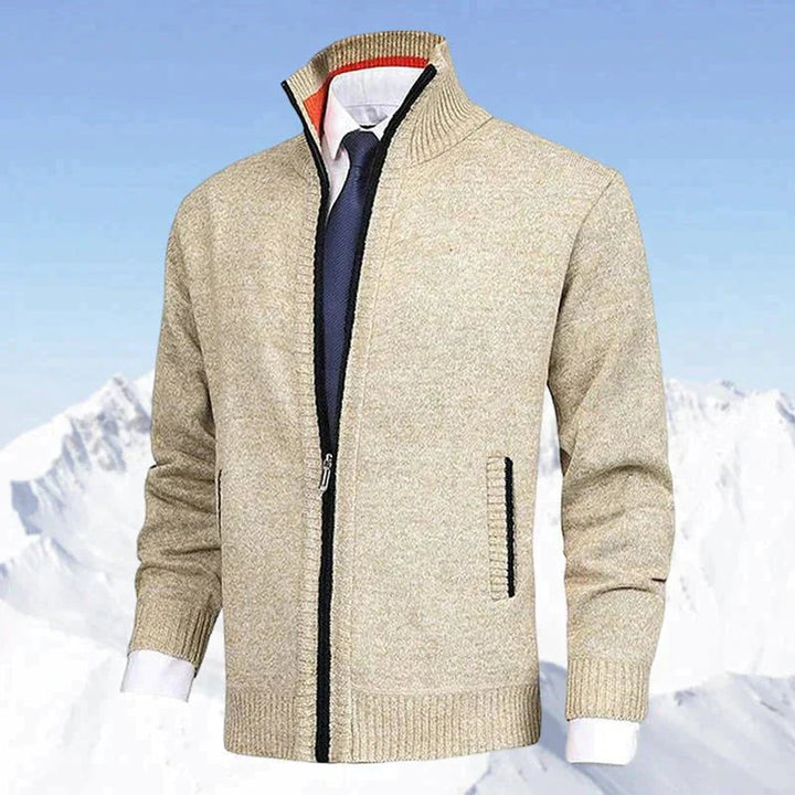 Men's Full-Zip Mock Neck Knit Cardigan Sweater Women Love Too - Beige