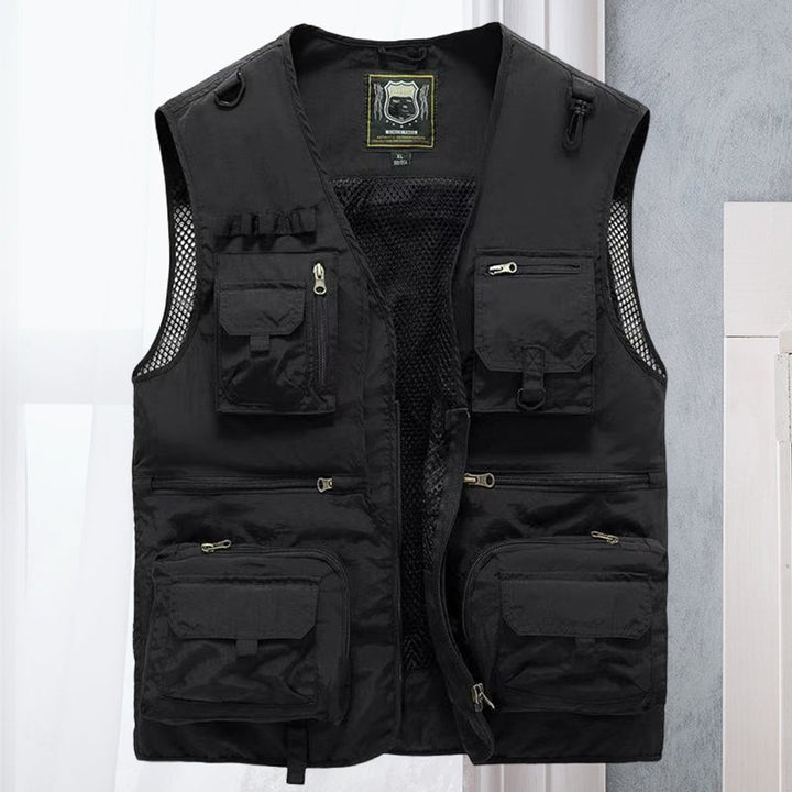 Mens Gilet Multi-Pocket Lightweight Outdoor Zip-Up Vest - Black