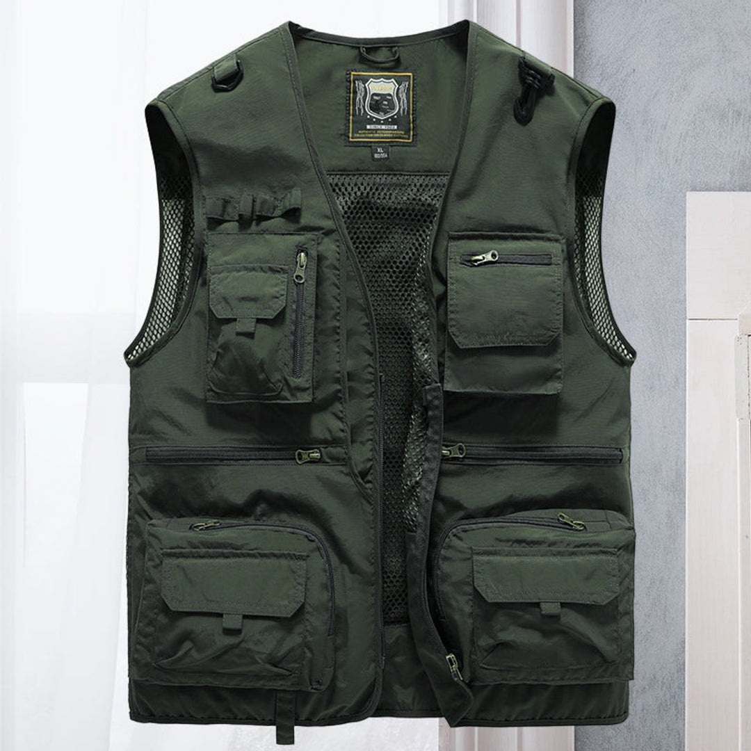 Mens Gilet Multi-Pocket Lightweight Outdoor Zip-Up Vest - Army Green