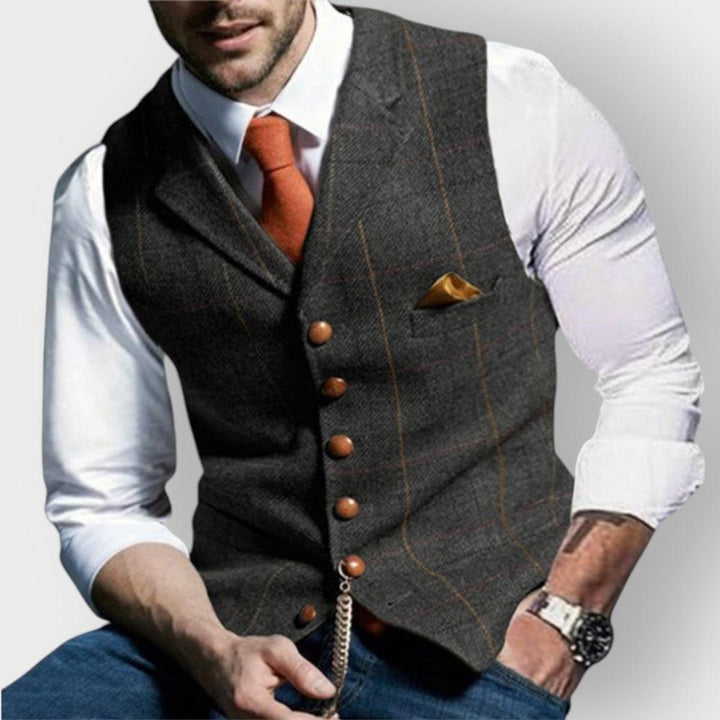 Mens Gilet Slim-Fit Plaid Button-Up Tweed Suit Vest - Dark Gray
