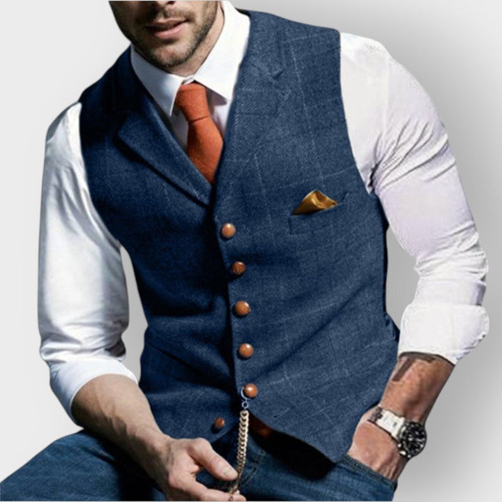 Mens Gilet Slim-Fit Plaid Button-Up Tweed Suit Vest - Blue