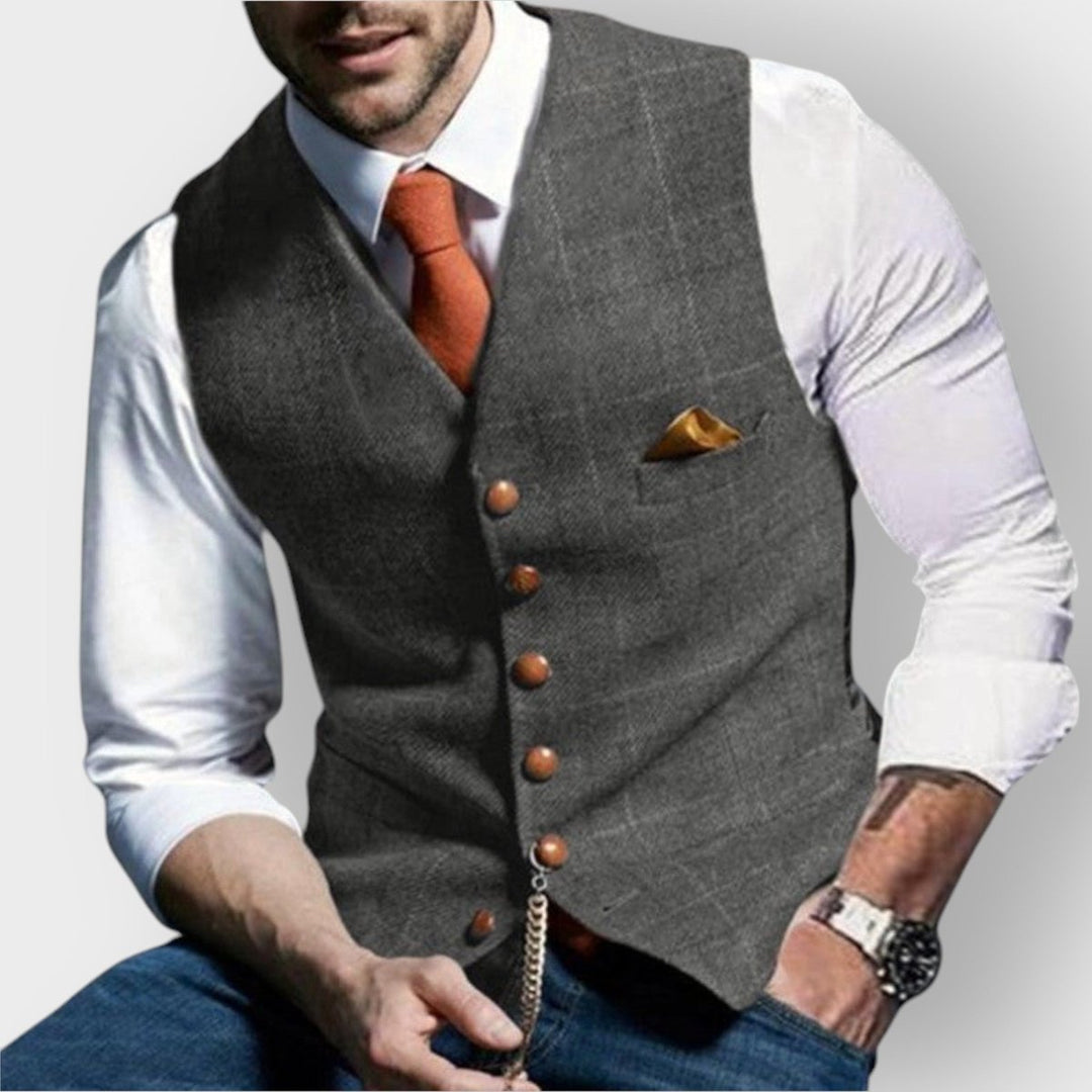 Mens Gilet Slim-Fit Plaid Button-Up Tweed Suit Vest - Light Gray