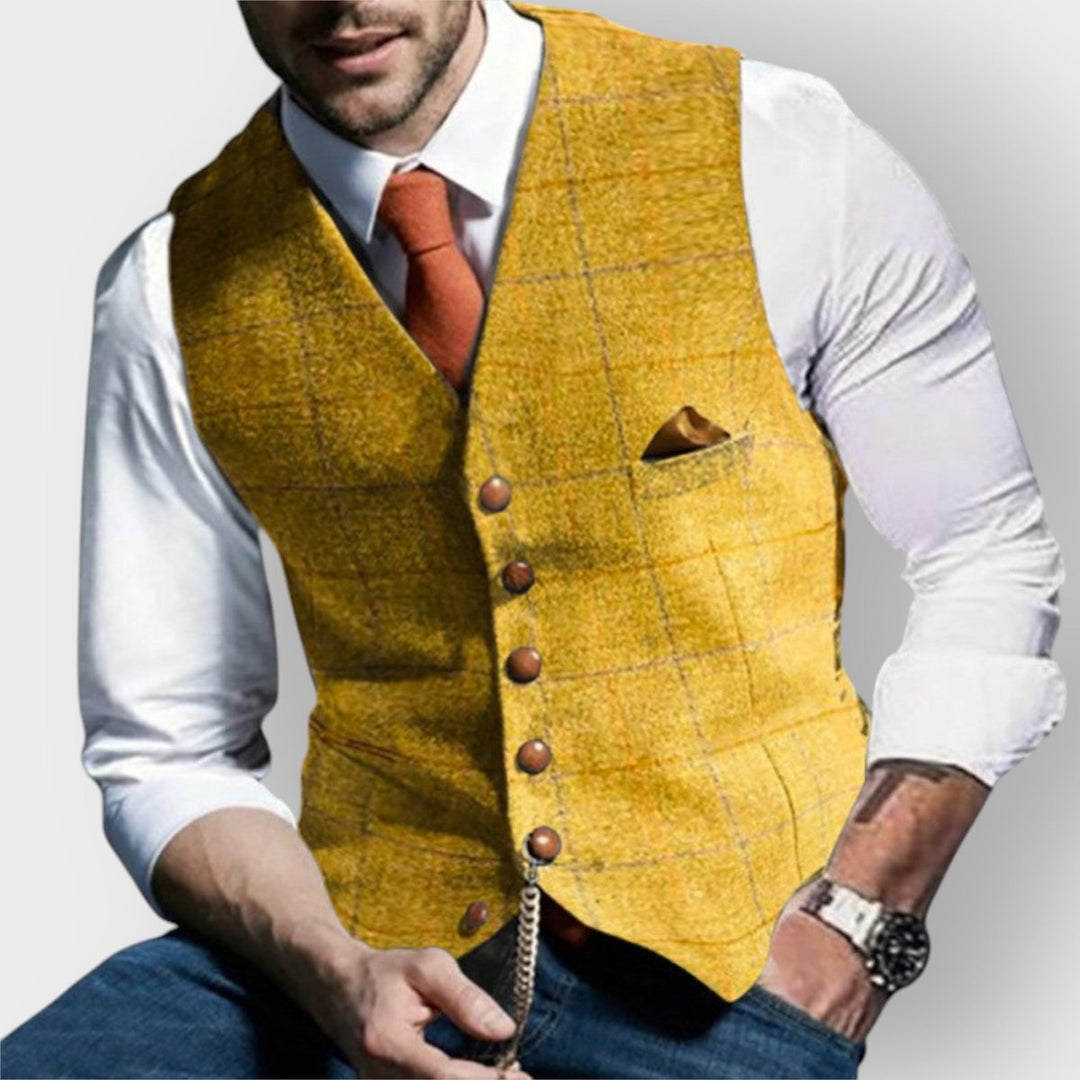 Mens Gilet Slim-Fit Plaid Button-Up Tweed Suit Vest - Yellow