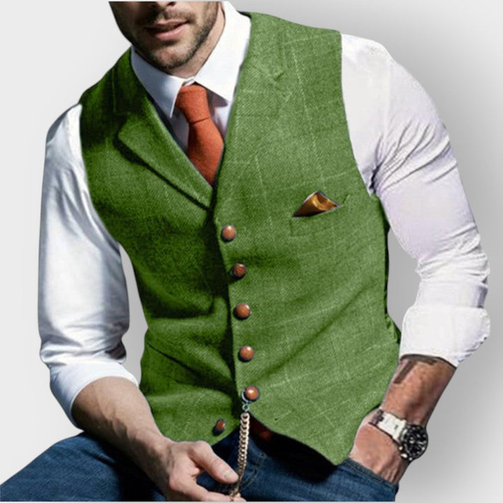 Mens Gilet Slim-Fit Plaid Button-Up Tweed Suit Vest - Green